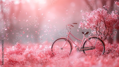 An elegant romantic concept for Valentine's Day, Mother's Day, or Women's Day. Beautiful, romantic flowers fly out from a pink bicycle base against a pink background. photo