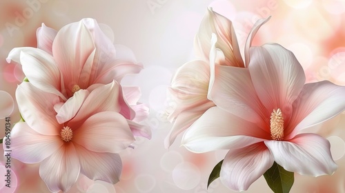  A close-up of two pink flowers against a white and pink backdrop, with lights subtly bokeh'd in the background