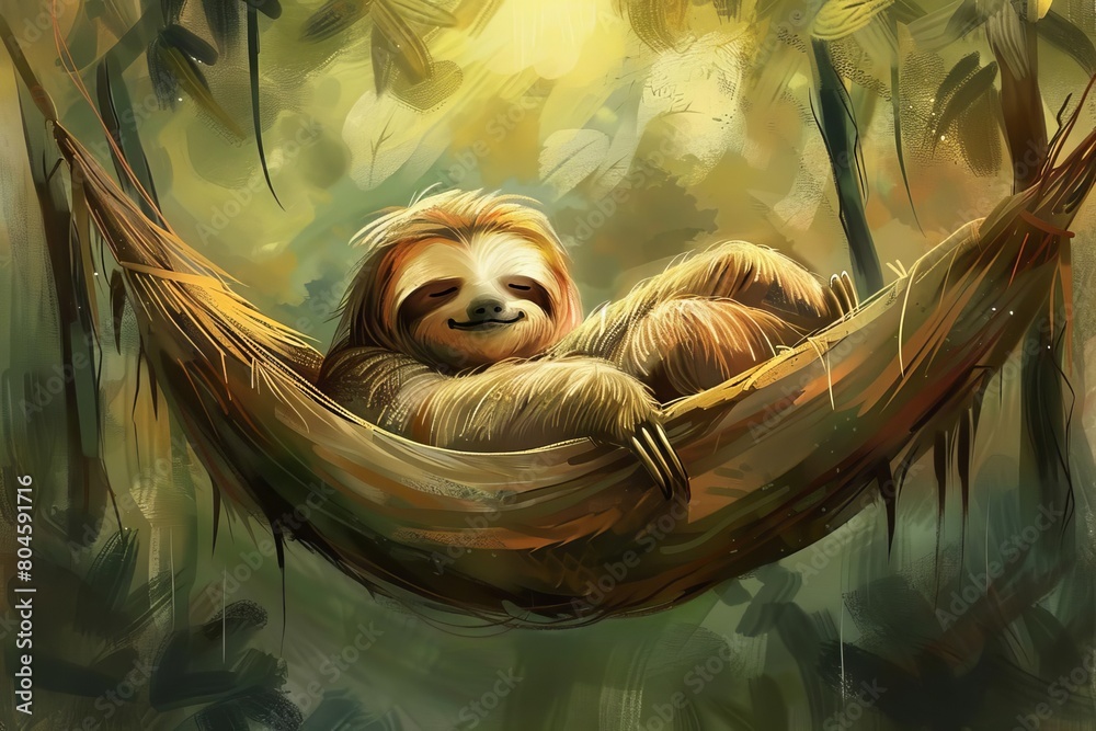 Fototapeta premium fashionable sloth with arms crossed lounging in a hammock exuding relaxation and tranquility digital illustration