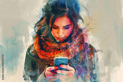 flirtatious young woman reading a surprising text message on her smartphone digital painting photo