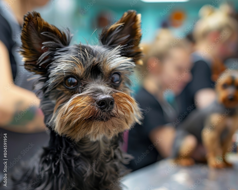 A bustling pet grooming salon, with a variety of pets receiving pampering, showcasing techniques and final results. A bustling pet grooming salon, with a variety of pets receiving pampering, showcasing techniques and final results.