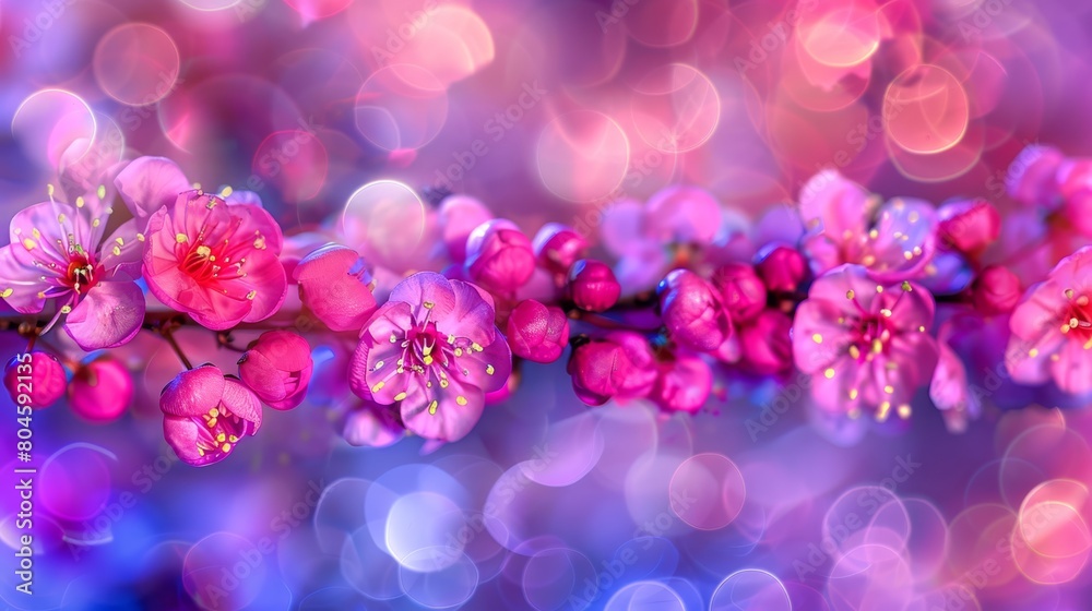 A table is covered in a blue-pink tablecloth, upon which sits an arrangement of pink flowers Background features indistinct pink lights A table is covered in a blue-pink tablecloth, upon which sits an arrangement of pink flowers Background features indistinct pink lights