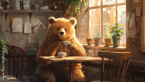 A bear sitting in a cafe, sipping a latte at a small table, blending surprisingly well into the cozy cafe atmosphere, graphic design photo