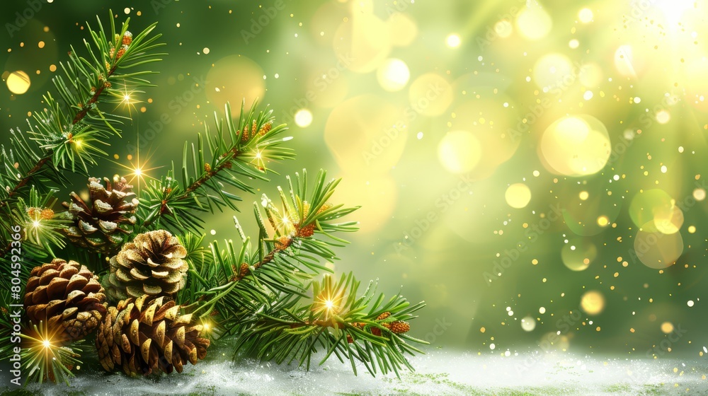 A pine tree branch bearing cones against a green backdrop, softly lit by bokeh and adorned with snowflakes A pine tree branch bearing cones against a green backdrop, softly lit by bokeh and adorned with snowflakes