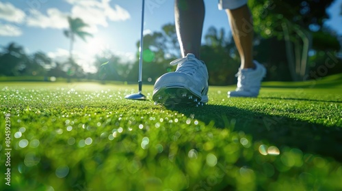 Lowangle shot of a golfers followthrough after a powerful drive, emphasizing the athleticism and skill involved in the sport, Hyper realistic photo