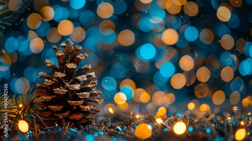   A pine cone atop a table  near a blue-yellow Christmas tree with twinkling lights
