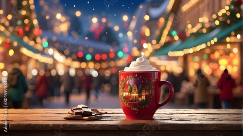 An artistic interpretation of a table adorned with a festive mug of hot chocolate  framed by the vibrant and colorful stalls of a Christmas market in the background. The artwork should convey the holi