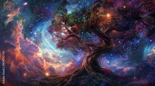 Surreal digital art portraying Yggdrasil as a pulsating nexus of energy  radiating vibrant hues  with intricate cosmic patterns entwined in its branches. Generative AI