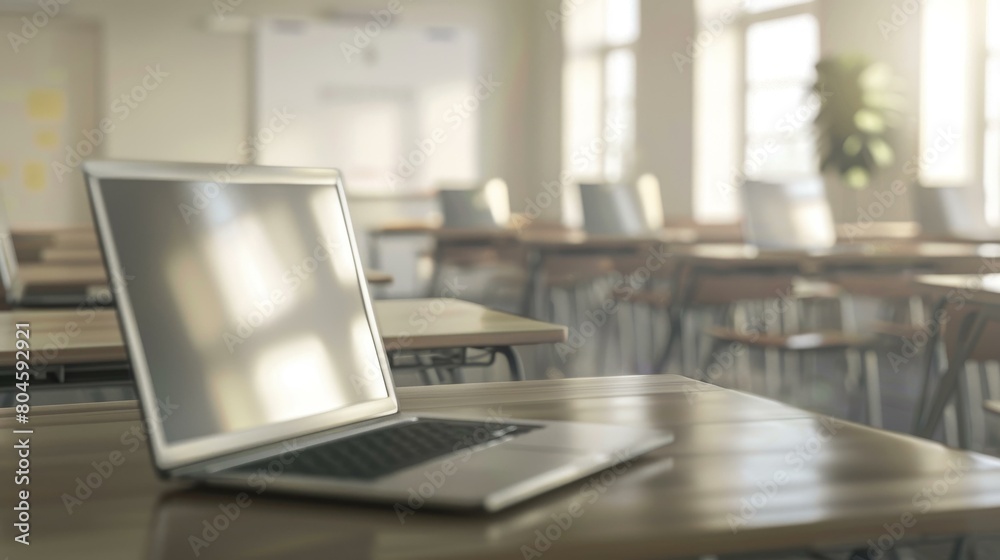 Modern educational workspace: Open laptop on a wooden desk in a sunlit classroom with blurred out background, ads related to tech, education, and remote learning trends. Modern educational workspace: Open laptop on a wooden desk in a sunlit classroom with blurred out background, ads related to tech, education, and remote learning trends.