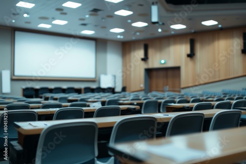 Modern lecture hall with neutral tones and contemporary design, educational or corporate promotions