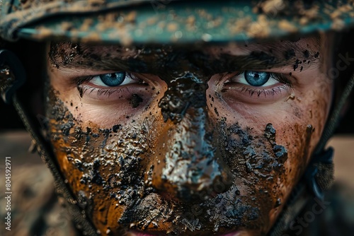 intense closeup portrait of a soldier at war face covered in mud conveying the gritty reality of combat dramatic photography