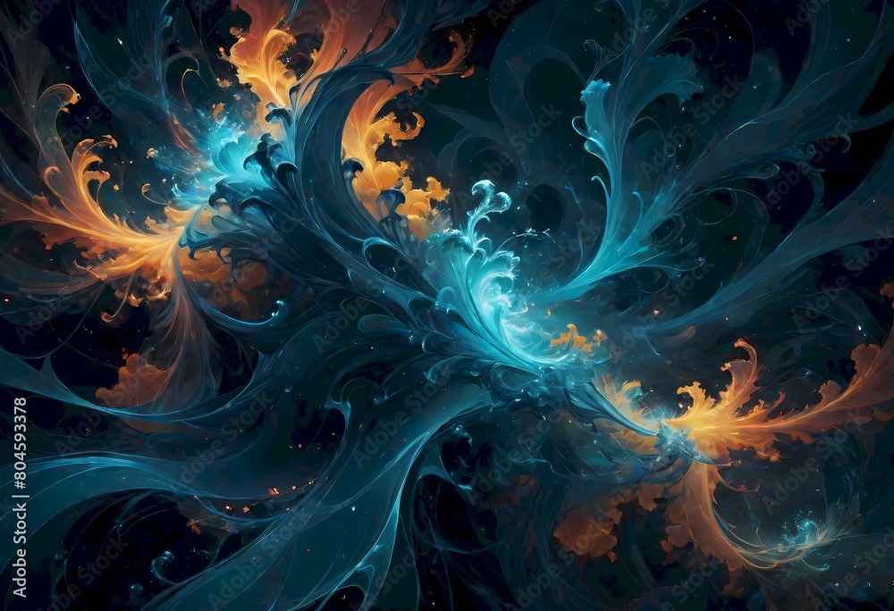 Abstract dynamic pattern featuring swirling shapes, with deep blues, blacks, and vibrant oranges, creating a visually striking contrast, almost like flames or liquid swirling together, Generative AI.