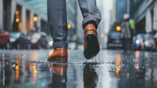 The picture of the person is working as business person and walking to work in street while rain, the businessman require skill like management, negotiation, marketing and the communication. AIG43. © Summit Art Creations