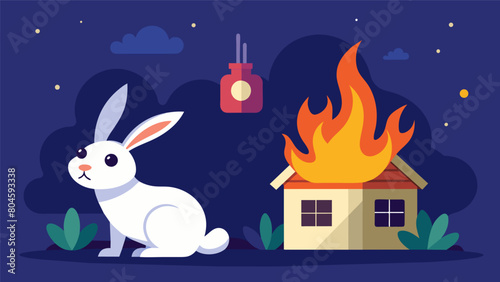 A pet rabbits hutch catches fire in the middle of the night a smoke detector with an emergency alert system sends a loud siren to the owners phone. Vector illustration