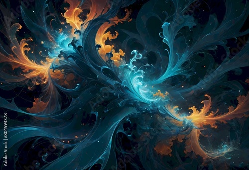 Abstract dynamic pattern featuring swirling shapes, with deep blues, blacks, and vibrant oranges, creating a visually striking contrast, almost like flames or liquid swirling together, Generative AI. photo