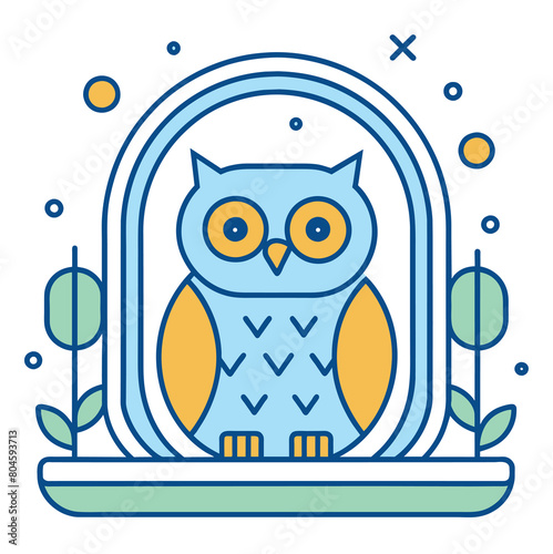 Comic Style Sitting Owl in a Hole Outline illustration Cute Owl outline 