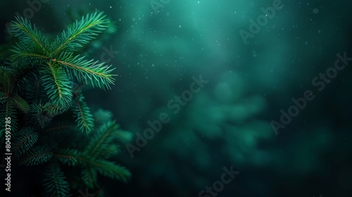   A tight shot of a pine branch against a dark green backdrop  illuminated from above
