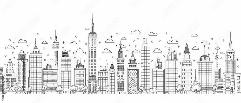 A minimalist line drawing of a cityscape 