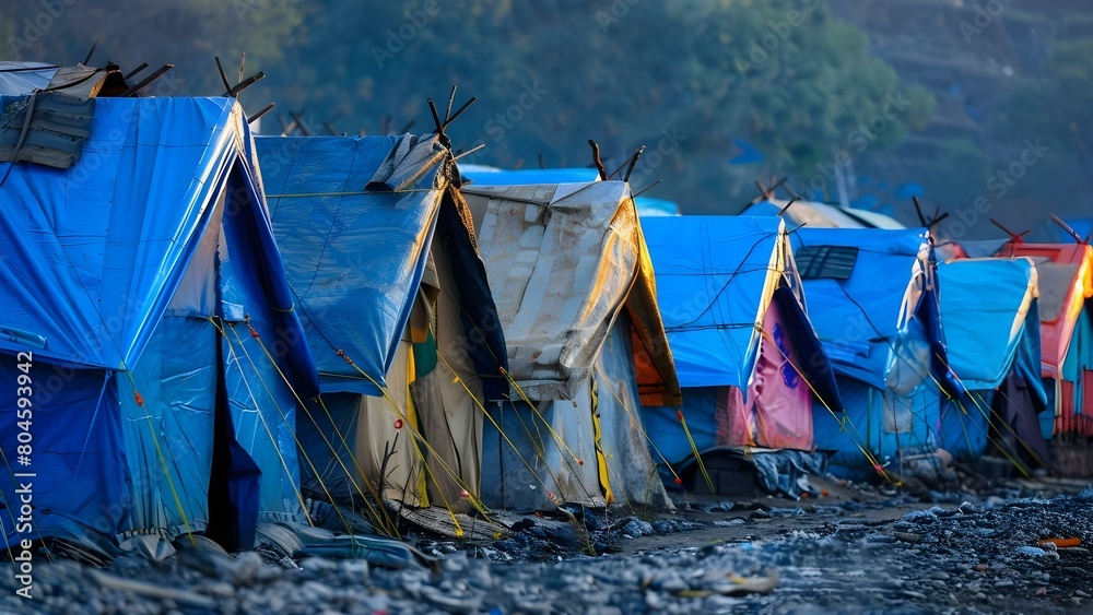 Providing Temporary Shelters for Climate Refugees Displaced by Rising Temperatures from Climate Change. Concept Climate refugees, Rising temperatures, Temporary shelters, Climate change, Displacement