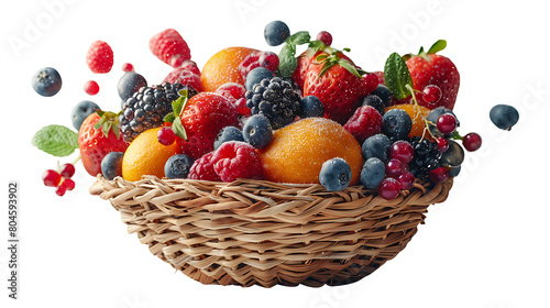 Fresh fruits falling from above in a basket on a transparent background