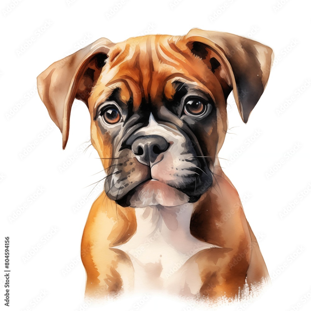 Boxer dog. Puppy dog. German boxer dog clipart. Watercolor illustration. Generative AI. Detailed illustration.