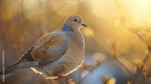 Captured in HD, a mourning dove's feathers shimmer with iridescent hues in the morning sun.