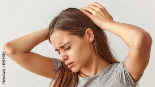 A young woman has arm pain in flat design on a white background. Muscle or bone injury.