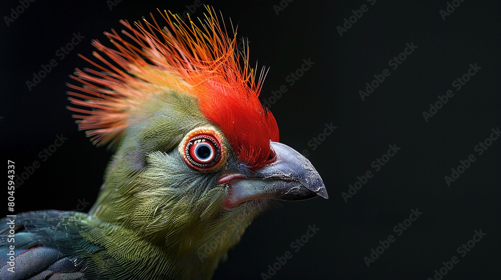 Captured in high definition, a red crested turaco displays its striking plumage with breathtaking clarity.
