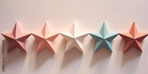 Five stars symbol with light and neutral background. Five star flag. Evaluation and success concept. Customer satisfaction concept. Customer care. Excellent review.