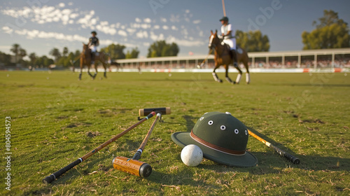 low angle ground level photography of polo sticks, ball and hat, blurred polo match happening in the background photo