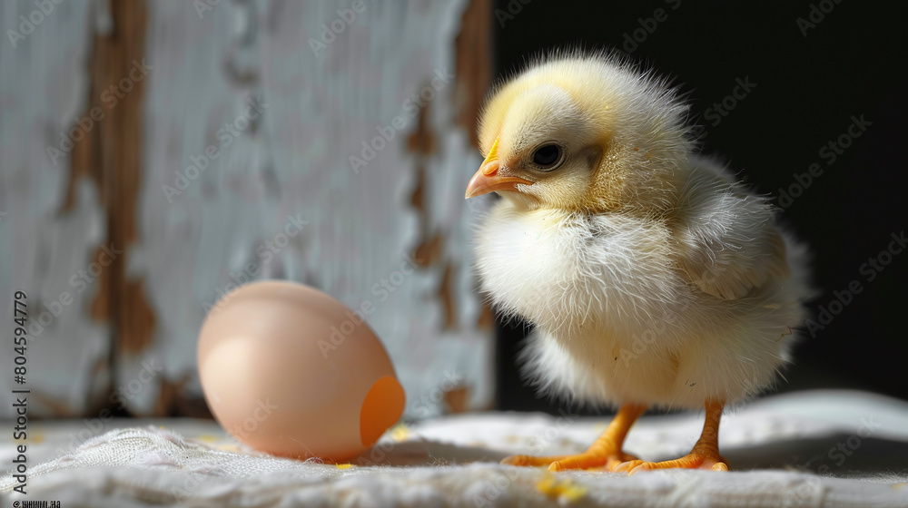 close-up of newborn chicken and cracked egg shell