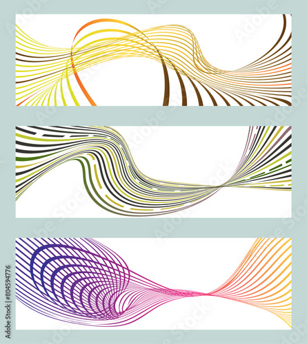 Wavy lines or ribbons. Set of 3 backgrounds. Multicolored striped gradient. Creative unusual background with abstract gradient wave lines to create a trendy banner, poster. vector eps