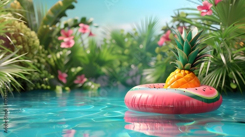 Pineapple in swim ring floating on water in paradise poolside