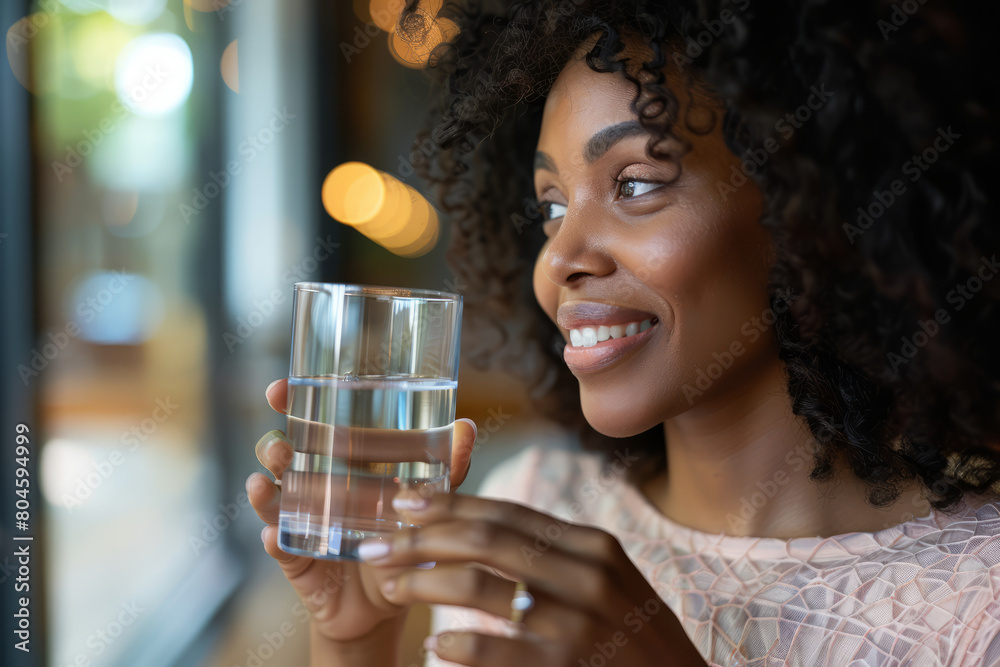 An African American woman holds a glass of clear water, smiling as she looks into the distance, enjoying her healthy morning routine. She drinks still and mineral water to start her new day, depicted