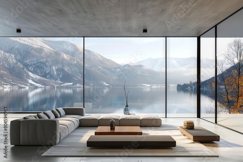minimalist modern living room interior with stunning mountain lake and snow views