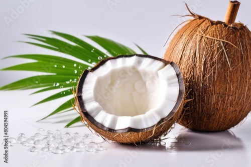 Coconuts, tropical leaves and water drops on a white background. Summer still life. Banner with copy space, place for text. 