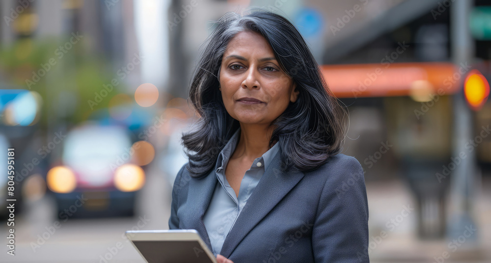 Dressed in a sleek suit, the mature professional businesswoman leader, an Indian, engages with her digital tablet on the bustling office city street, her focus directed towards the horizon as she Dressed in a sleek suit, the mature professional businesswoman leader, an Indian, engages with her digital tablet on the bustling office city street, her focus directed towards the horizon as she