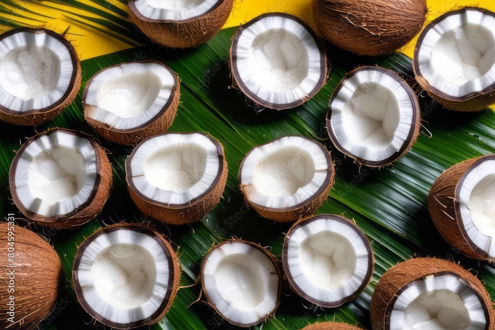 Coconuts and green tropical leaves on a yellow background. Top view, flat lay. Summer still life. Banner with copy space, place for text. Coconuts and green tropical leaves on a yellow background. Top view, flat lay. Summer still life. Banner with copy space, place for text.