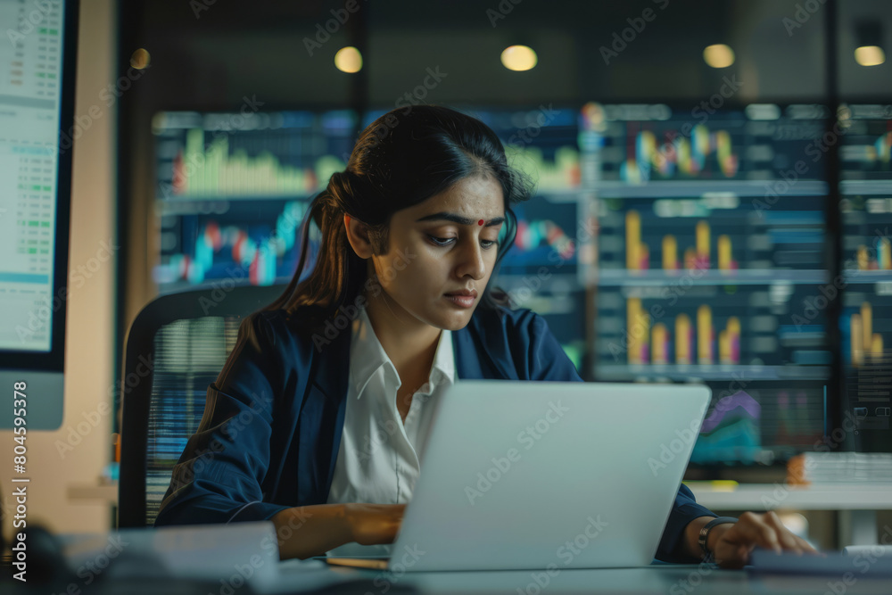 In her office environment, a busy Indian business woman is deeply immersed in her laptop at her desk. The professional businesswoman, an integral member of the company, carefully considers online In her office environment, a busy Indian business woman is deeply immersed in her laptop at her desk. The professional businesswoman, an integral member of the company, carefully considers online