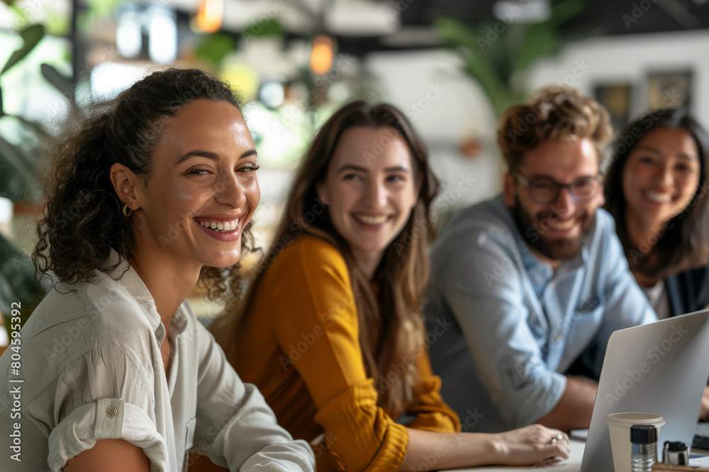 Fototapeta premium Meeting, collaboration, and portrait of a successful business team in a professional tech agency or startup. Joyful teamwork among group members and corporate individuals planning a growth strategy,