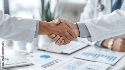 Depict from above, healthcare executives shaking hands, with a focus on the array of charts detailing healthcare investments and statistical health data spread around them.