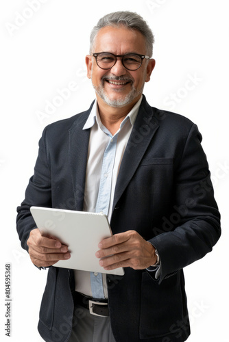 Joyful mature Latino businessman using a digital tablet, isolated on a white background. A middle-aged CEO executive in a suit, an older male professional entrepreneur, looking at the camera.