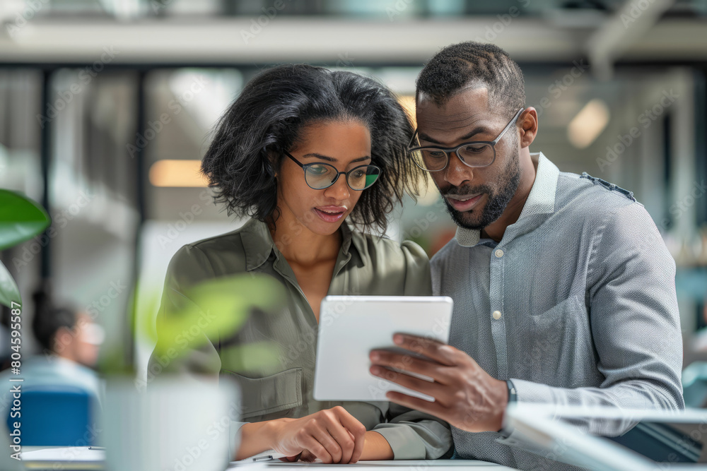 Two diverse business colleagues are seen conversing and working on a corporate project during an office meeting. A Black employee and a Latino executive are focused on a digital tablet, utilizing Two diverse business colleagues are seen conversing and working on a corporate project during an office meeting. A Black employee and a Latino executive are focused on a digital tablet, utilizing