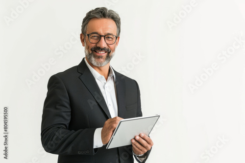 Smiling middle-aged businessman using a digital tablet, isolated on a white background. A mature CEO executive in a suit, a professional entrepreneur, looking at the camera.