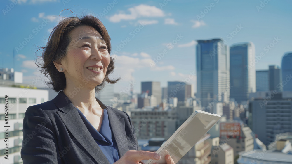 With the city skyline as her backdrop, the happy businesswoman investor of middle age, a Japanese, holds her digital tablet with assurance, her mind brimming with visions of future prosperity, while With the city skyline as her backdrop, the happy businesswoman investor of middle age, a Japanese, holds her digital tablet with assurance, her mind brimming with visions of future prosperity, while
