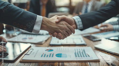Illustrate a top-down view of a handshake sealing a major sports endorsement deal, with visible contract pages and performance-based financial models spread across the table. photo