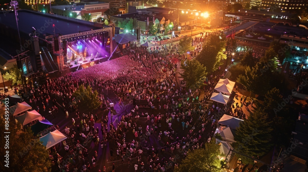 An aerial perspective of a vibrant festival at night, with colorful lights, crowds of people, food stalls, music stages, and fireworks.