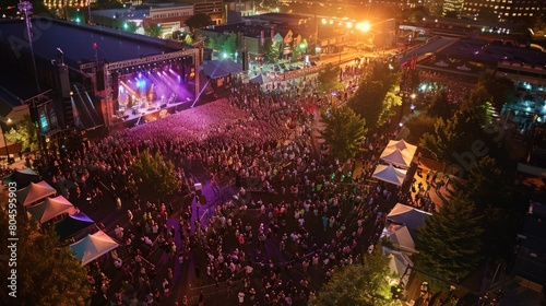 An aerial perspective of a vibrant festival at night, with colorful lights, crowds of people, food stalls, music stages, and fireworks.
