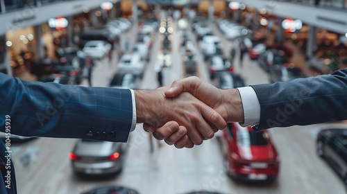 Show a significant automotive industry collaboration from above, where executives shake hands over a table displaying new model sales projections and market entry strategies.