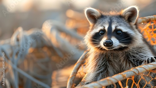 Raccoon in Fishing Gear Waits on City Pier: A Humanized Village Life. Concept Wildlife, Fishing, Raccoon, City Life, Village Life